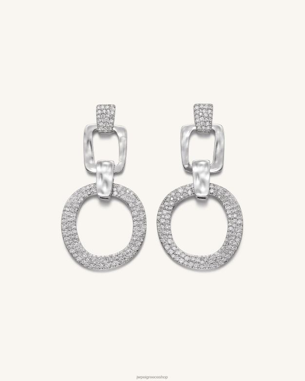 σκουλαρίκια JW PEI L4XRH392 Λευκό επιχρυσωμένο 18 καρατίων & λευκό ζιργκόν γεωμετρικά διάτρητα στρογγυλά σκουλαρίκια